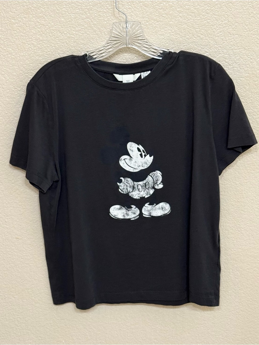 H&M Black Short Sleeve Tee with Distressed White Mickey Graphic